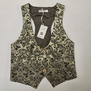 GRACE KARIN NWT TWO BUTTON VEST GREEN AND GOLD JACQUARD